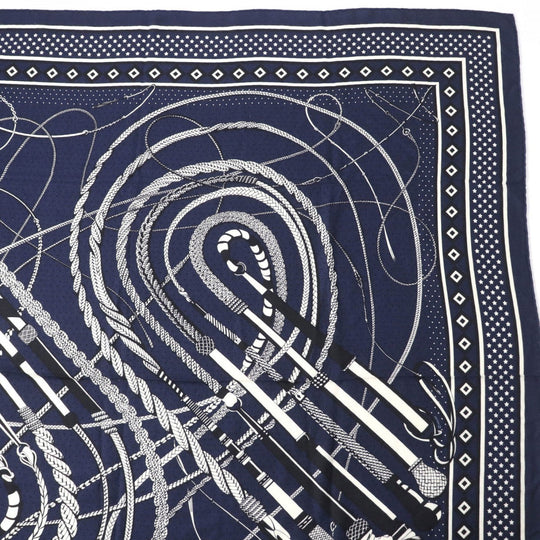 HERMES scarf cashmere Navy Calegean 140 Fouets and Badines Whips and Grips