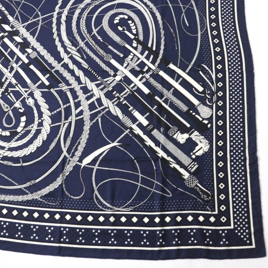 HERMES scarf cashmere Navy Calegean 140 Fouets and Badines Whips and Grips