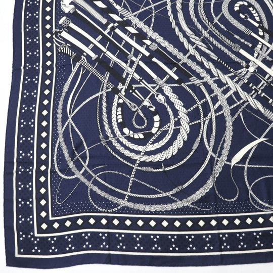 HERMES scarf cashmere Navy Calegean 140 Fouets and Badines Whips and Grips