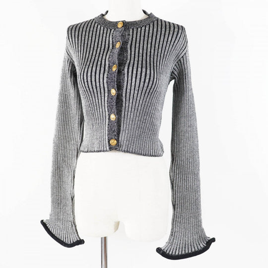 LOUIS VUITTON cardigan Outer material: 47% rayon, 45% wool, 7% nylon, 1% polyurethane Black Grey Trumpet Sleeve Women M Used Authentic
