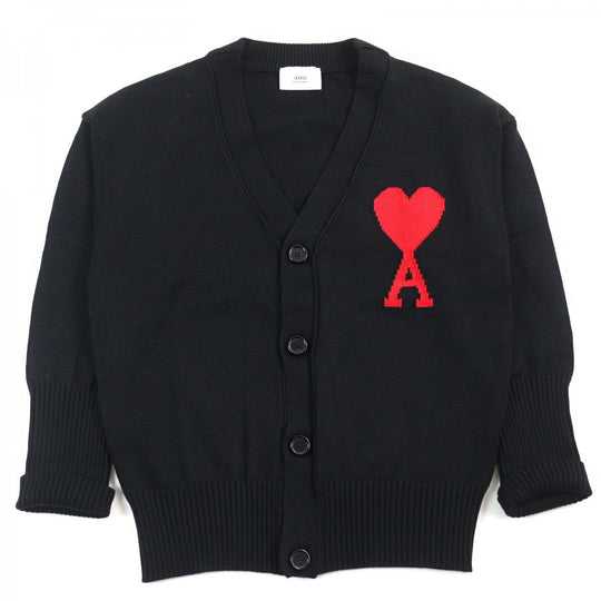 AMI Paris cardigan E21HJ128 virgin wool Black red mens(Unisex) L Used Authentic