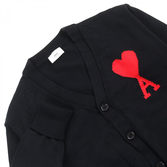 AMI Paris cardigan E21HJ128 virgin wool Black red mens(Unisex) L Used Authentic