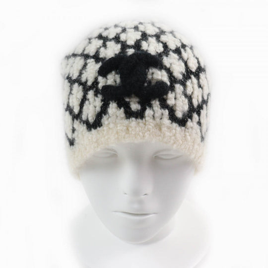 CHANEL Knit cap cashmere White black