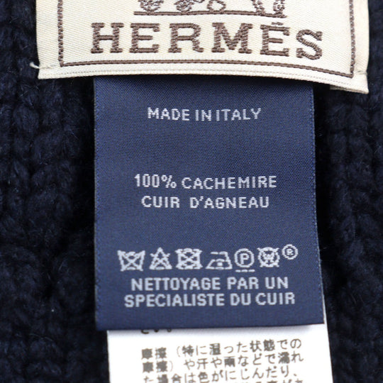 HERMES Scarf Main: 100% cashmere, Leather part: Sheepskin Navy type TRI-MAILLON Tri-Maillon mens Used Authentic