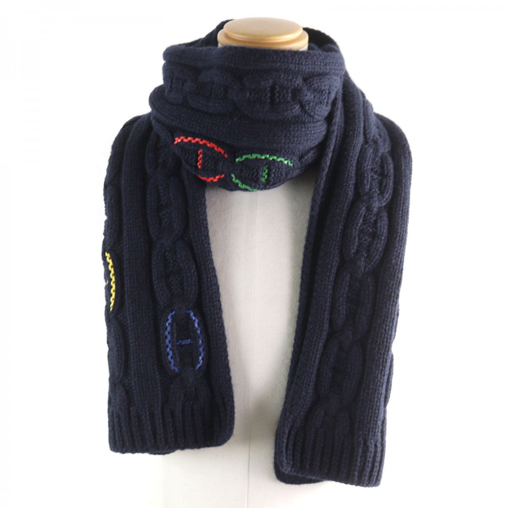 HERMES Scarf Main: 100% cashmere, Leather part: Sheepskin Navy type TRI-MAILLON Tri-Maillon mens Used Authentic