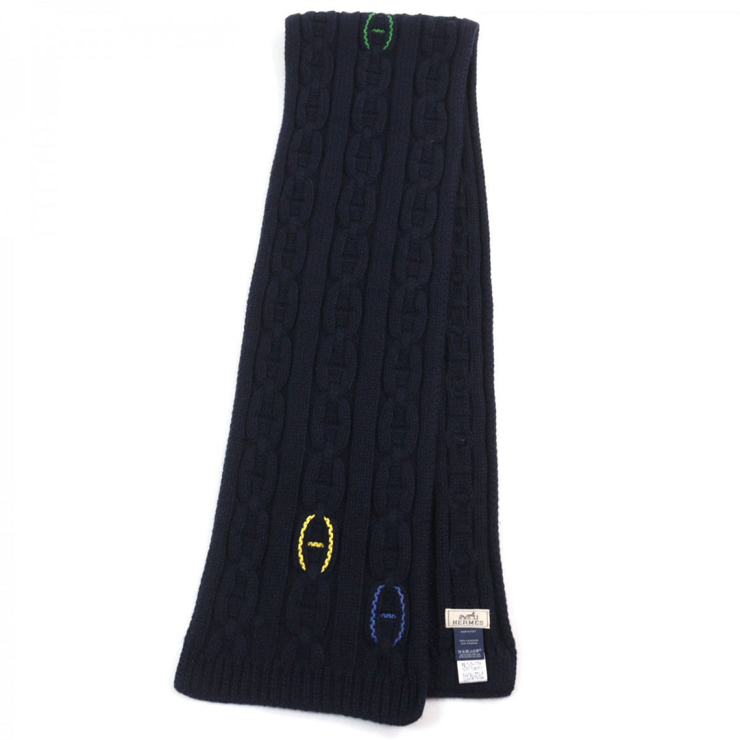 HERMES Scarf Main: 100% cashmere, Leather part: Sheepskin Navy type TRI-MAILLON Tri-Maillon mens Used Authentic