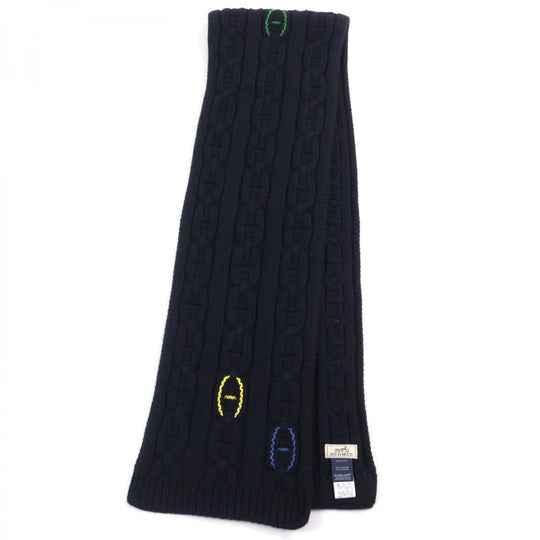 HERMES Scarf Main: 100% cashmere, Leather part: Sheepskin Navy type TRI-MAILLON Tri-Maillon mens Used Authentic