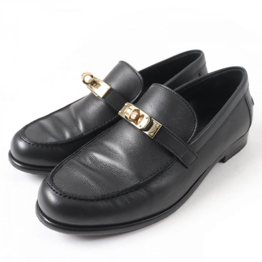 HERMES loafers leather black Moccasin Destan 34.5