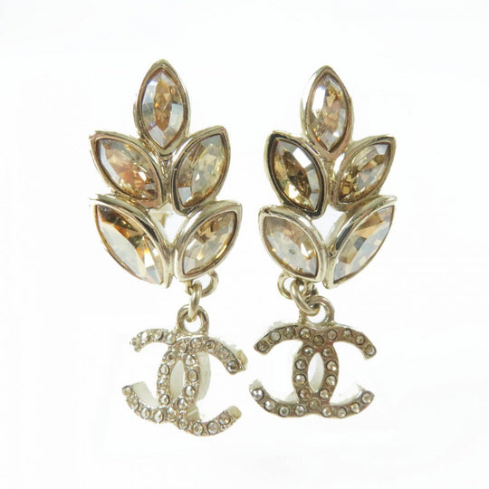 CHANEL Earring B22K Gold Plated gold Rhinestone Bijou Leaf COCO Mark Women Used Authentic