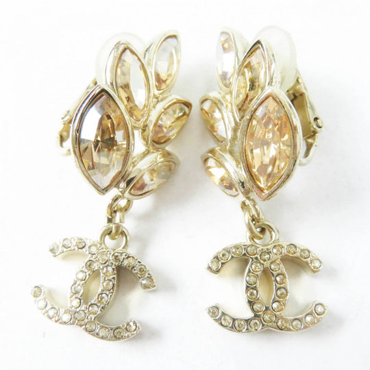 CHANEL Earring B22K Gold Plated gold Rhinestone Bijou Leaf COCO Mark Women Used Authentic