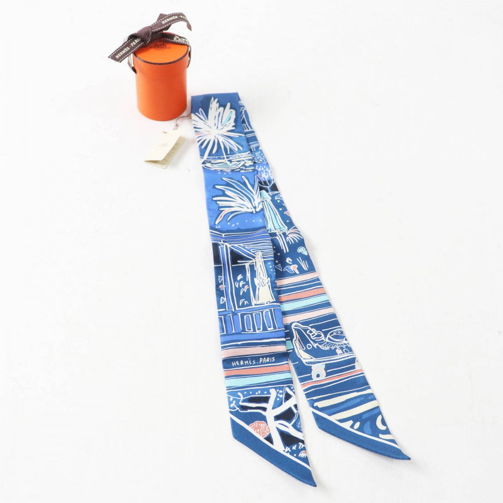 HERMES scarf silk Blue type Twilly RAYURES D'ETE