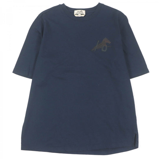 HERMES Short sleeve T-shirt Main: 100% cotton, Leather part: Sheepskin Navy Puzzle Eskettle mens XS Used Authentic