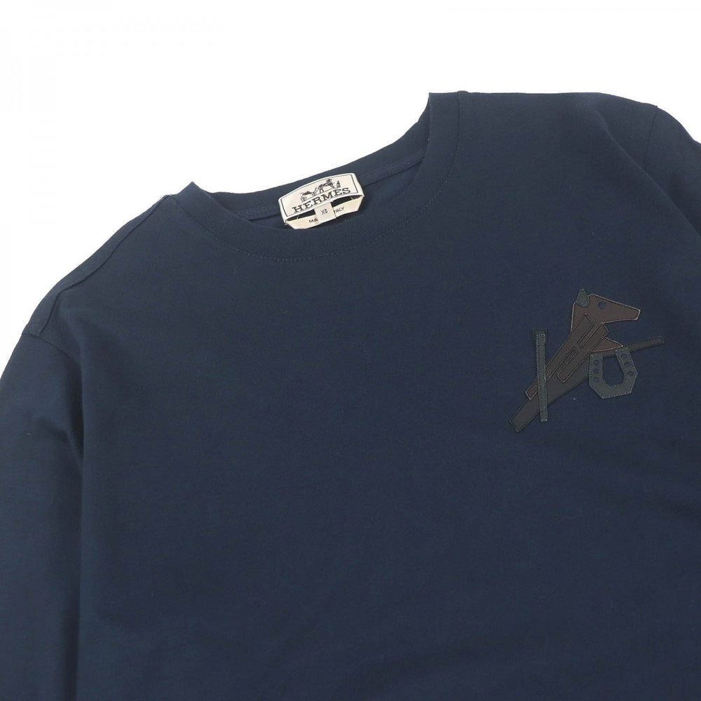 HERMES Short sleeve T-shirt Main: 100% cotton, Leather part: Sheepskin Navy Puzzle Eskettle mens XS Used Authentic