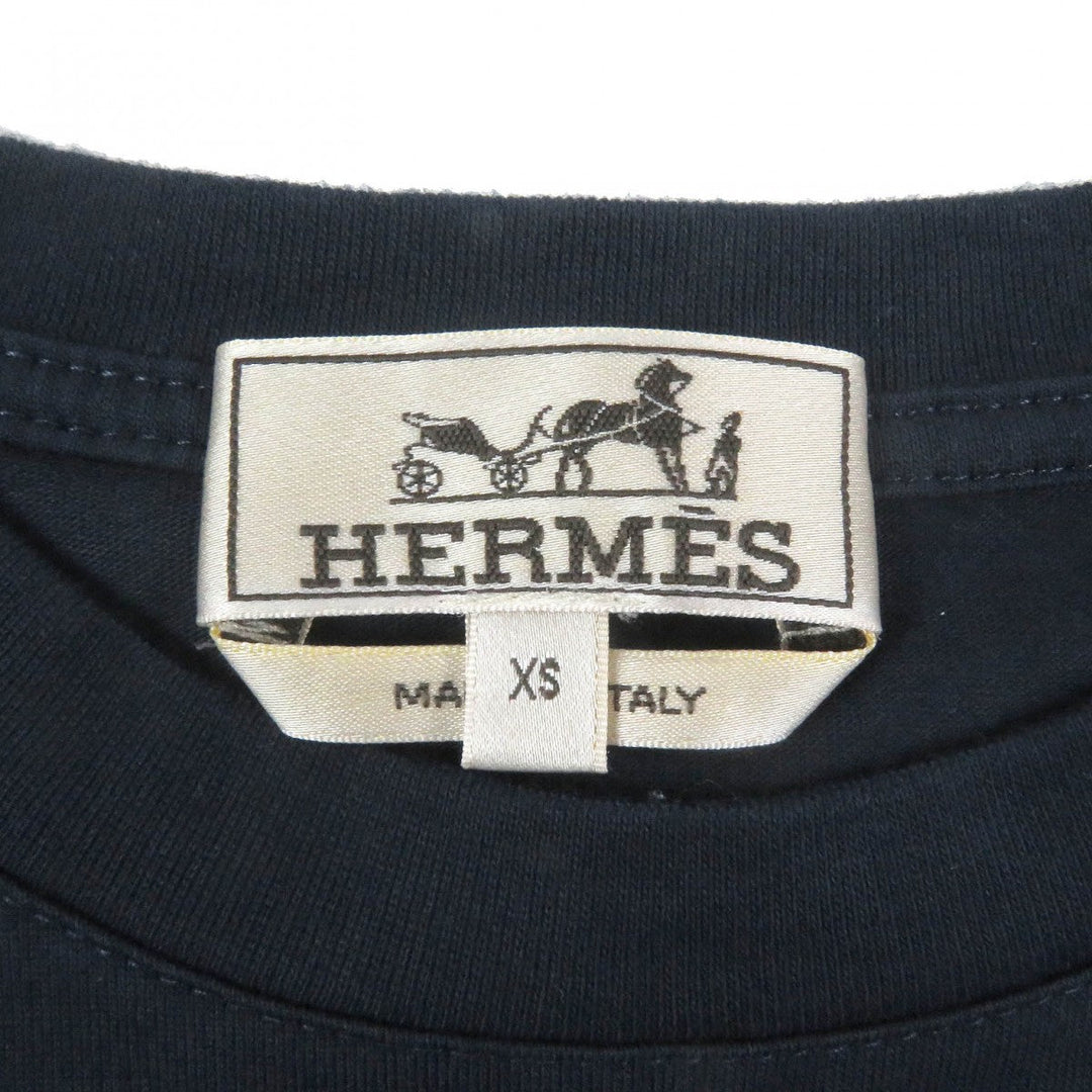 HERMES Short sleeve T-shirt Main: 100% cotton, Leather part: Sheepskin Navy Puzzle Eskettle mens XS Used Authentic