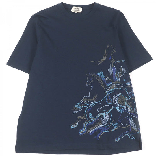 HERMES Short sleeve T-shirt Main: 100% cotton Navy caval card mens M Used Authentic