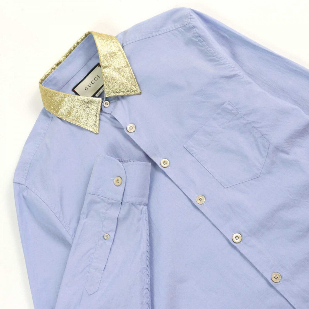 GUCCI Long sleeve shirt 521946 Outer material: 100% cotton, part: 53% rayon, part: 24% silk, part: 23% metal Blue gold mens 41|16 Used Authentic