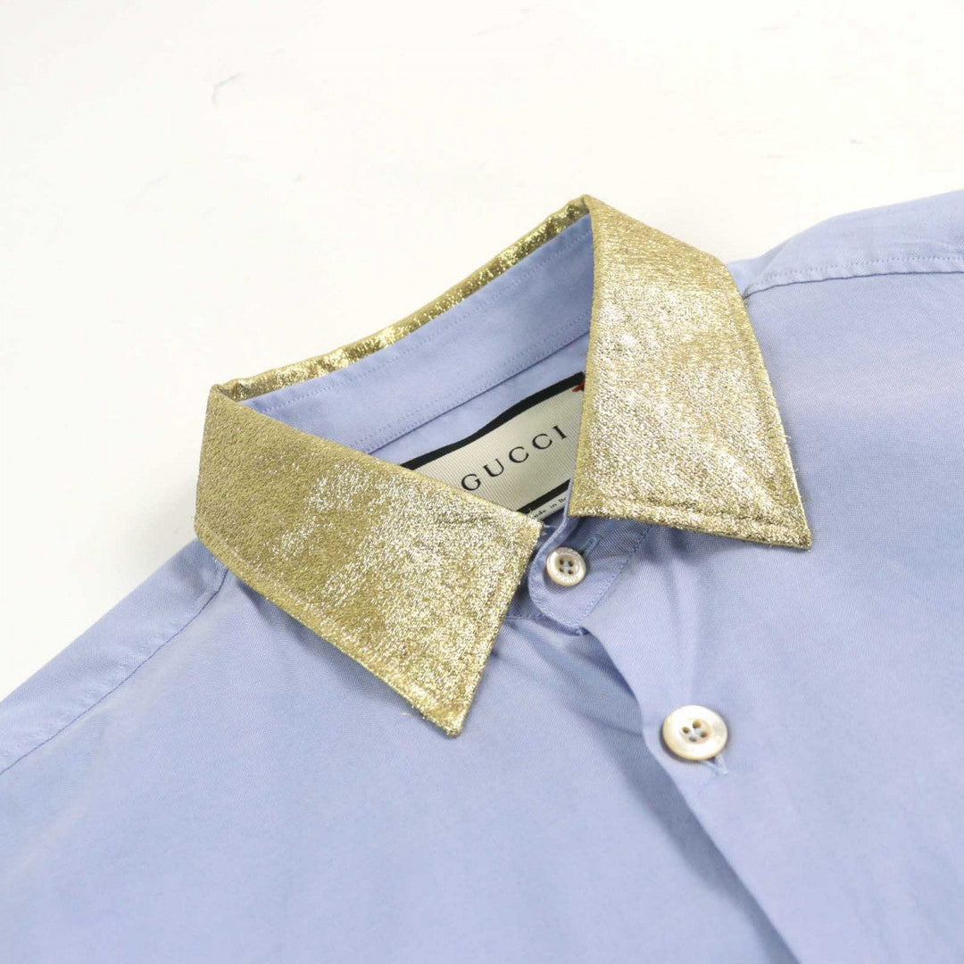 GUCCI Long sleeve shirt 521946 Outer material: 100% cotton, part: 53% rayon, part: 24% silk, part: 23% metal Blue gold mens 41|16 Used Authentic
