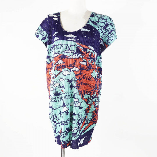 PLEATS PLEASE one piece PP23-JT607 Main: 100% polyester Multi World Map Ocean Women 3 Used Authentic