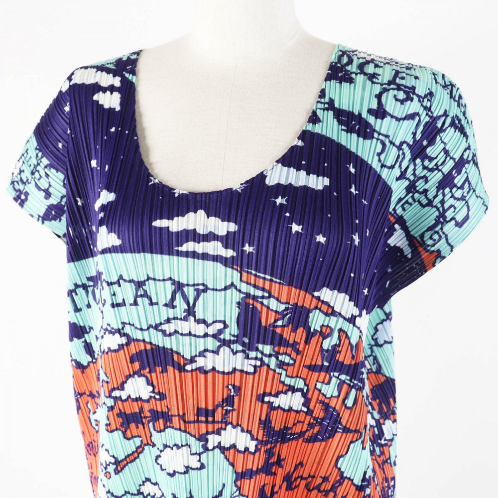 PLEATS PLEASE one piece PP23-JT607 Main: 100% polyester Multi World Map Ocean Women 3 Used Authentic