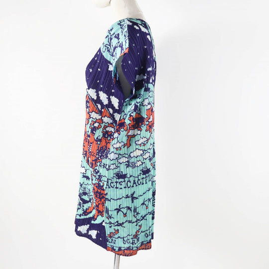 PLEATS PLEASE one piece PP23-JT607 Main: 100% polyester Multi World Map Ocean Women 3 Used Authentic