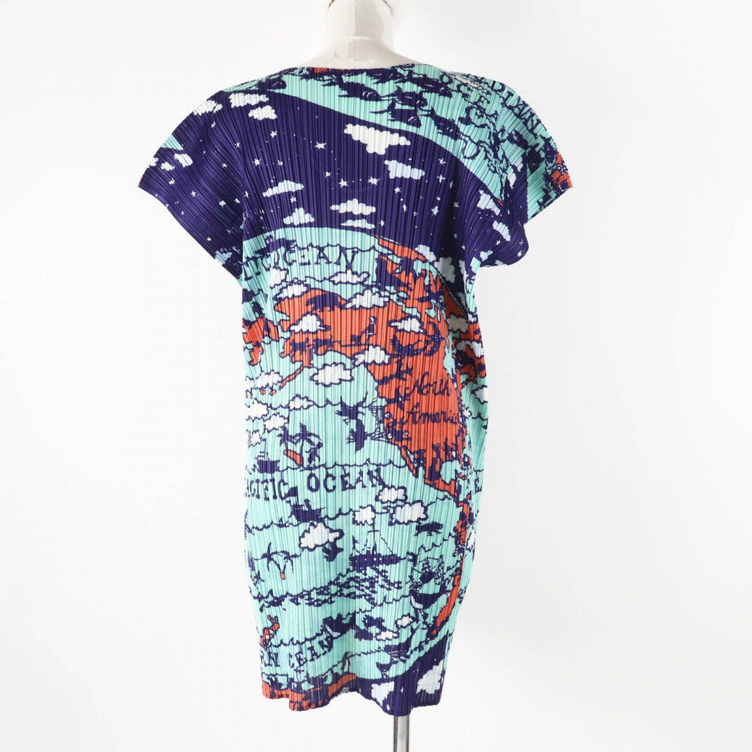 PLEATS PLEASE one piece PP23-JT607 Main: 100% polyester Multi World Map Ocean Women 3 Used Authentic