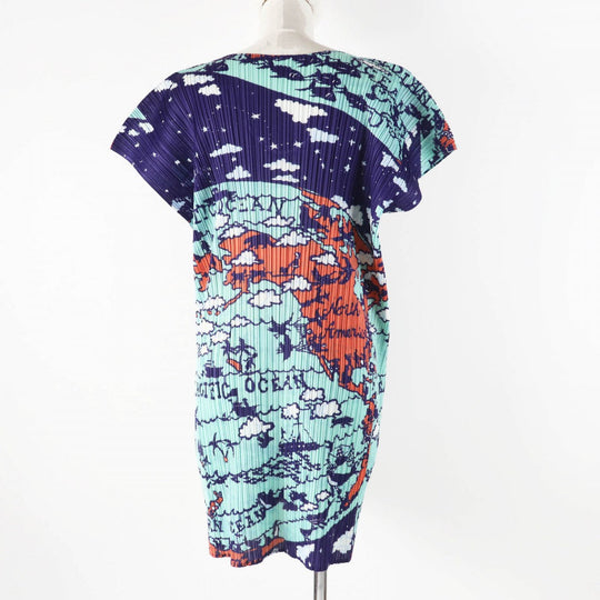 PLEATS PLEASE one piece PP23-JT607 Main: 100% polyester Multi World Map Ocean Women 3 Used Authentic