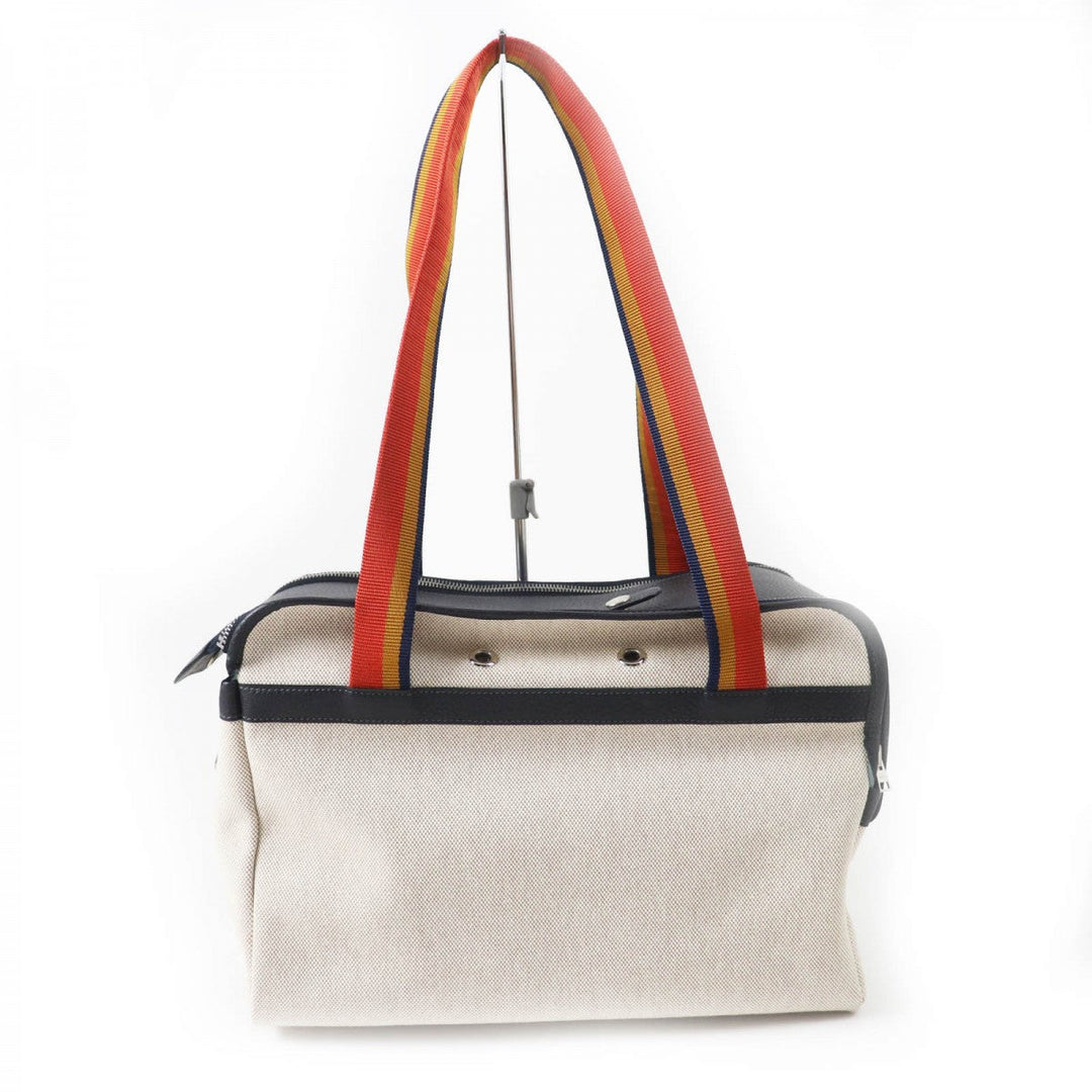 HERMES Shoulder Bag Main: Toile H, Part: Leather Navy Natural Sac de Transport Pourcienne Dog Carrier Women Used Authentic