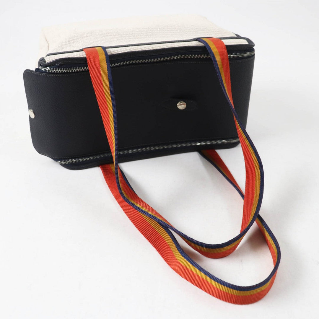 HERMES Shoulder Bag Main: Toile H, Part: Leather Navy Natural Sac de Transport Pourcienne Dog Carrier Women Used Authentic