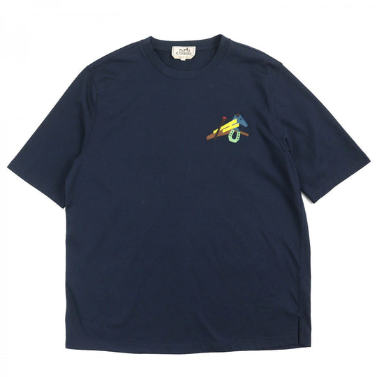 HERMES Short sleeve T-shirt Main: 100% cotton, Leather part: Sheepskin Navy Puzzle Eskettle mens M Used Authentic