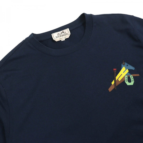 HERMES Short sleeve T-shirt Main: 100% cotton, Leather part: Sheepskin Navy Puzzle Eskettle mens M Used Authentic