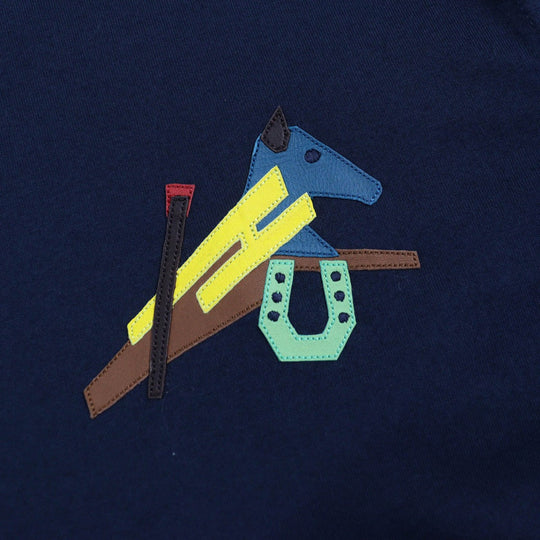 HERMES Short sleeve T-shirt Main: 100% cotton, Leather part: Sheepskin Navy Puzzle Eskettle mens M Used Authentic