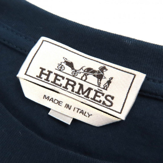 HERMES Short sleeve T-shirt Main: 100% cotton, Leather part: Sheepskin Navy Puzzle Eskettle mens M Used Authentic