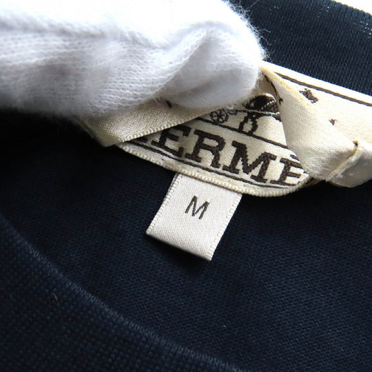 HERMES Short sleeve T-shirt Main: 100% cotton, Leather part: Sheepskin Navy Puzzle Eskettle mens M Used Authentic