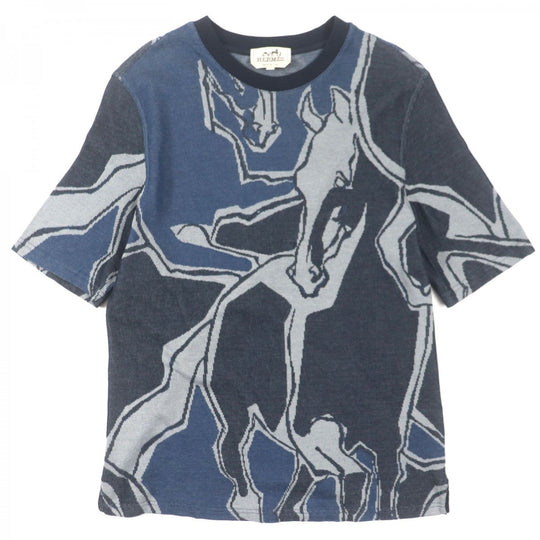 HERMES Short sleeve T-shirt Main: 100% cotton Navy Dance of Horses Light mens S Used Authentic
