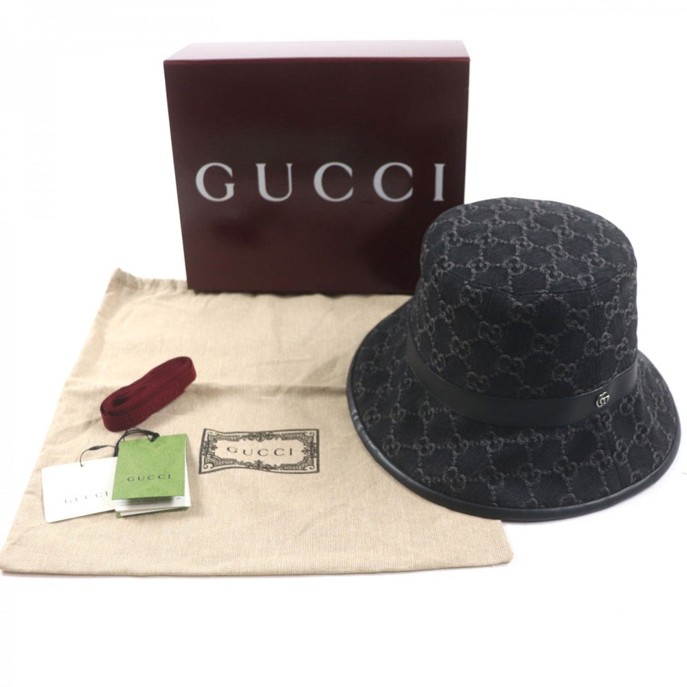 GUCCI hat 768647 Outer: 100% cotton, Lining: 55% cotton, Lining: 45% rayon, Leather part: cowhide black mens L Used Authentic