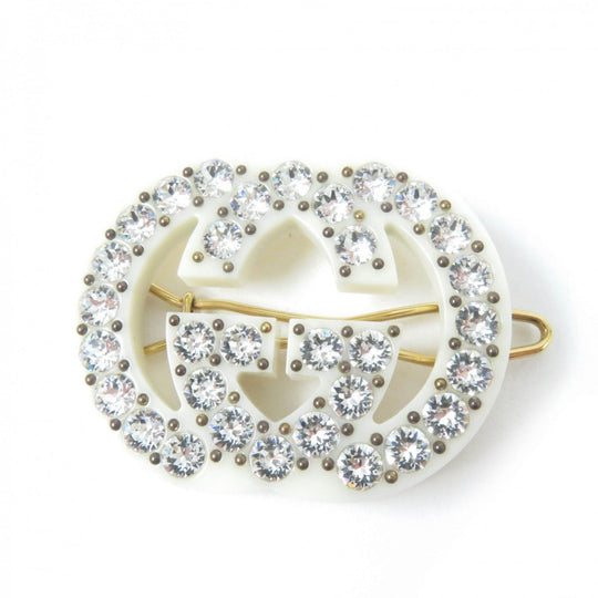 GUCCI Valletta Resin, Rhinestone, Metal Ivory Hair accessories Hair clip With rhinestone Interlocking G Women Used Authentic