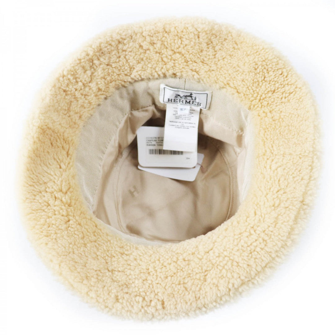 HERMES hat Main: Sheepskin, Leather part: Cowhide, Lining: 56% cotton, Lining: 44% rayon, Lining: 65% rayon beige Fove Women 57 Used Authentic