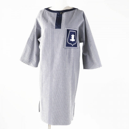 HERMES one piece cotton Navy white 34