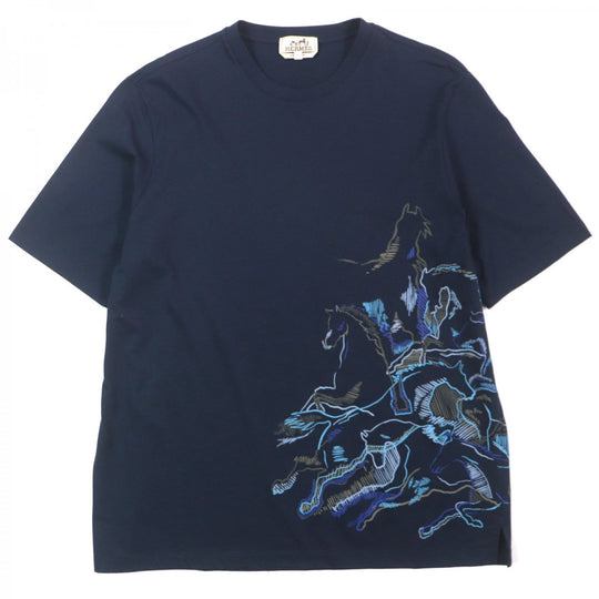 HERMES Short sleeve T-shirt Main: 100% cotton Navy caval card mens L Used Authentic