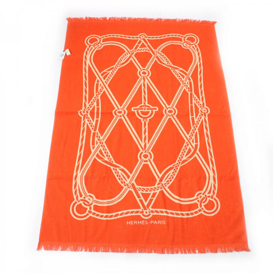 HERMES towel Main: Cotton Orange Yachting Tatoo Tressages Marins Women Used Authentic