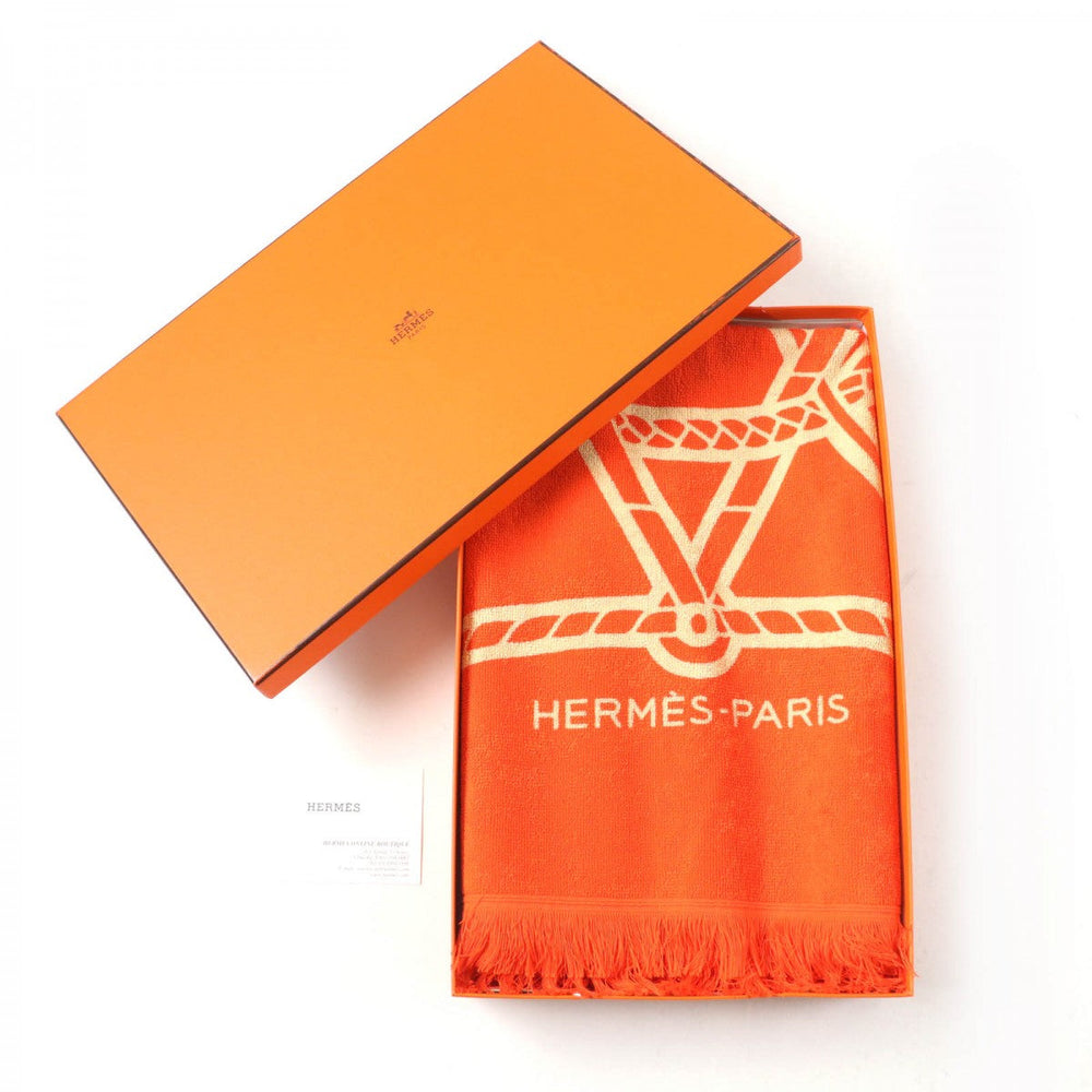 HERMES towel Main: Cotton Orange Yachting Tatoo Tressages Marins Women Used Authentic