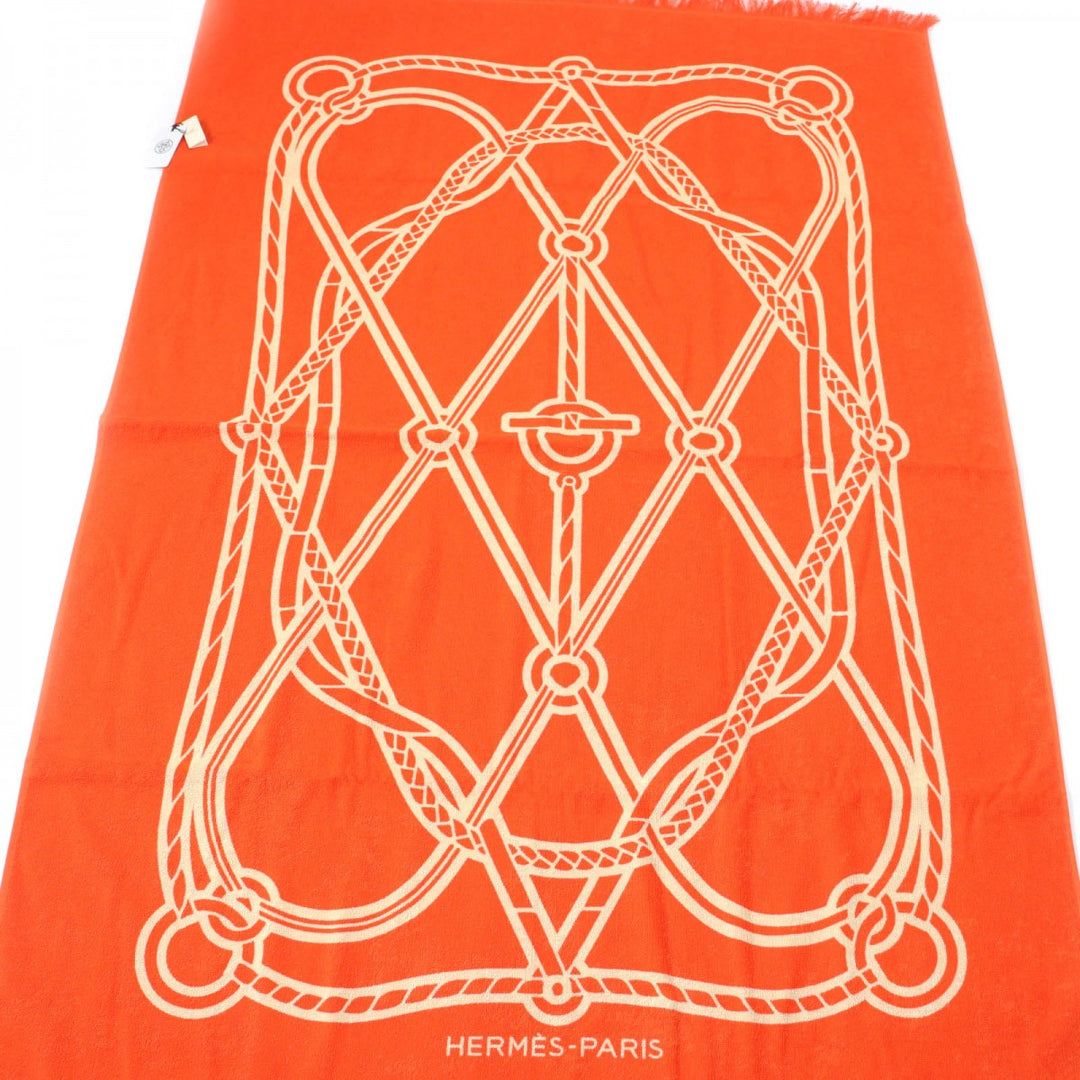 HERMES towel Main: Cotton Orange Yachting Tatoo Tressages Marins Women Used Authentic