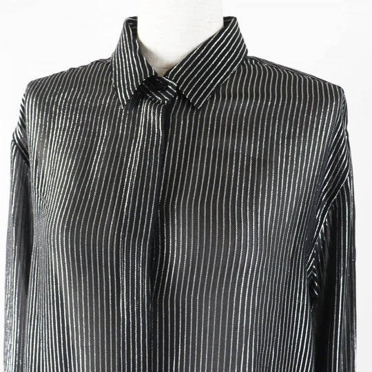 SAINT LAURENT PARIS Long sleeve shirt 512192 Main: 91% silk, Main: 9% polyester, Part: 100% silk Black Silver Women 38 Used Authentic