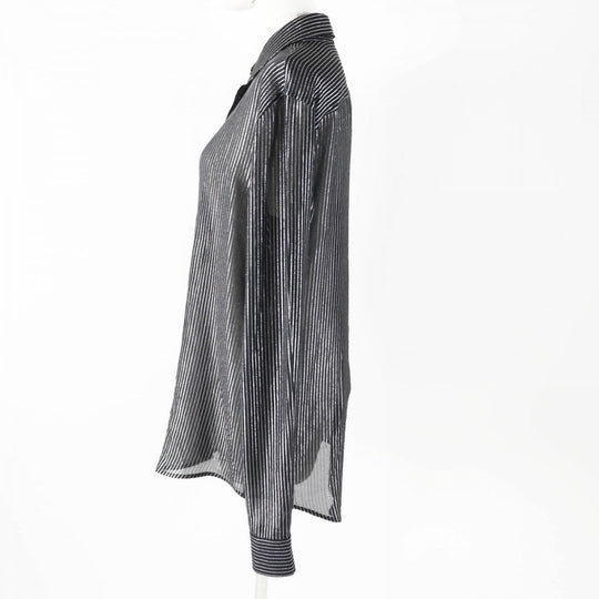 SAINT LAURENT PARIS Long sleeve shirt 512192 Main: 91% silk, Main: 9% polyester, Part: 100% silk Black Silver Women 38 Used Authentic