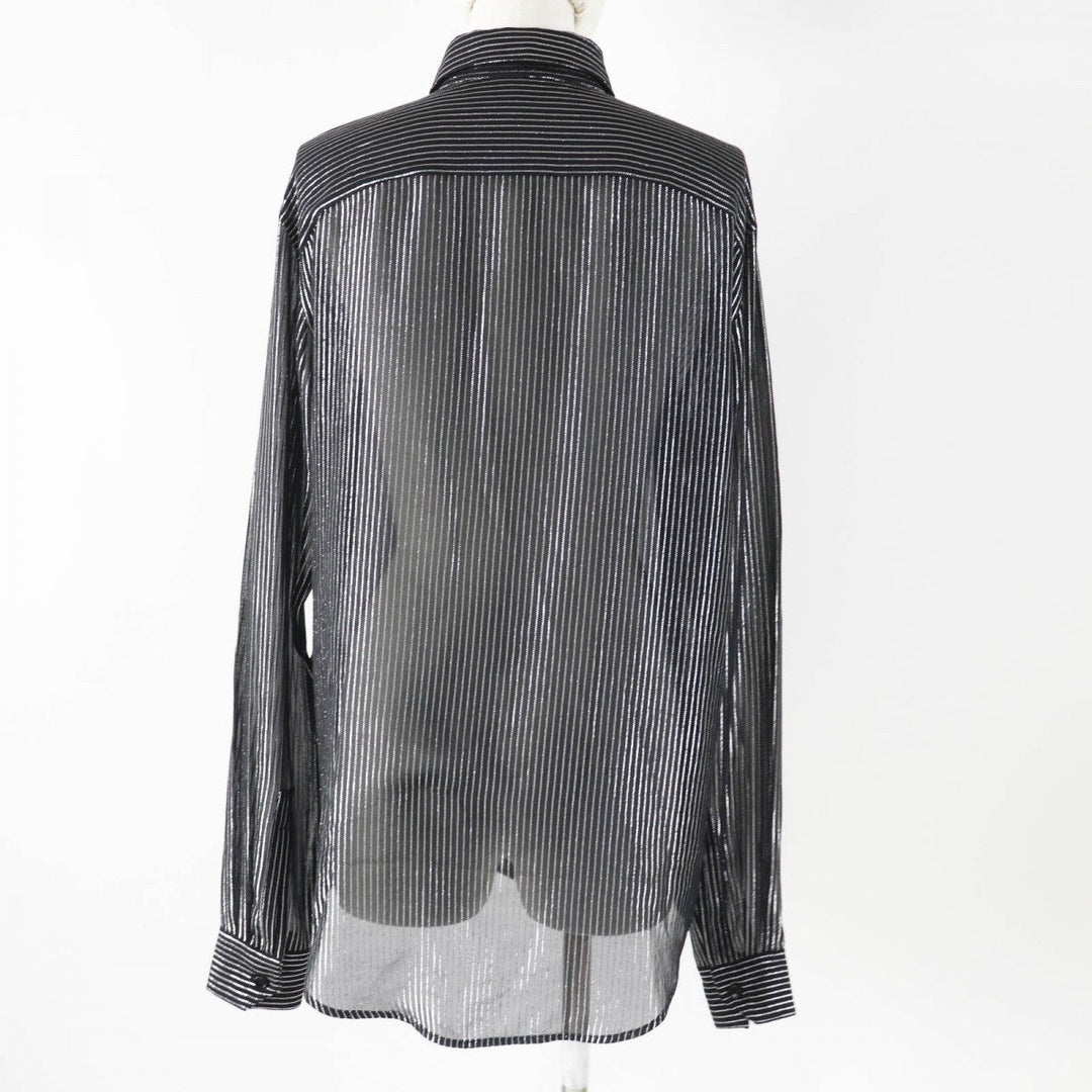 SAINT LAURENT PARIS Long sleeve shirt 512192 Main: 91% silk, Main: 9% polyester, Part: 100% silk Black Silver Women 38 Used Authentic