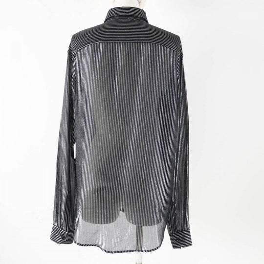 SAINT LAURENT PARIS Long sleeve shirt 512192 Main: 91% silk, Main: 9% polyester, Part: 100% silk Black Silver Women 38 Used Authentic