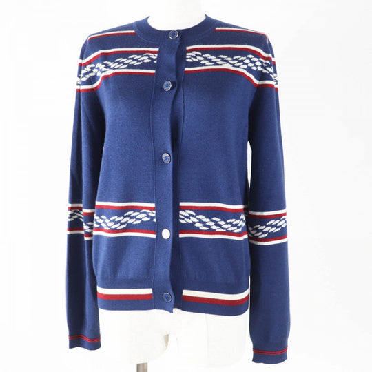 HERMES cardigan 3E2715D4 Main: 48% cashmere, Main: 48% silk, Main: 3% nylon, Main: 1% polyurethane, Part: 50% cashmere Navy white red Women 38 Used Authentic