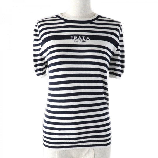 PRADA Short sleeve T-shirt P24V1D Main: 97% cotton, Main: 1% polyamide, Main: 1% elastane White Dark Navy Women 36 Used Authentic