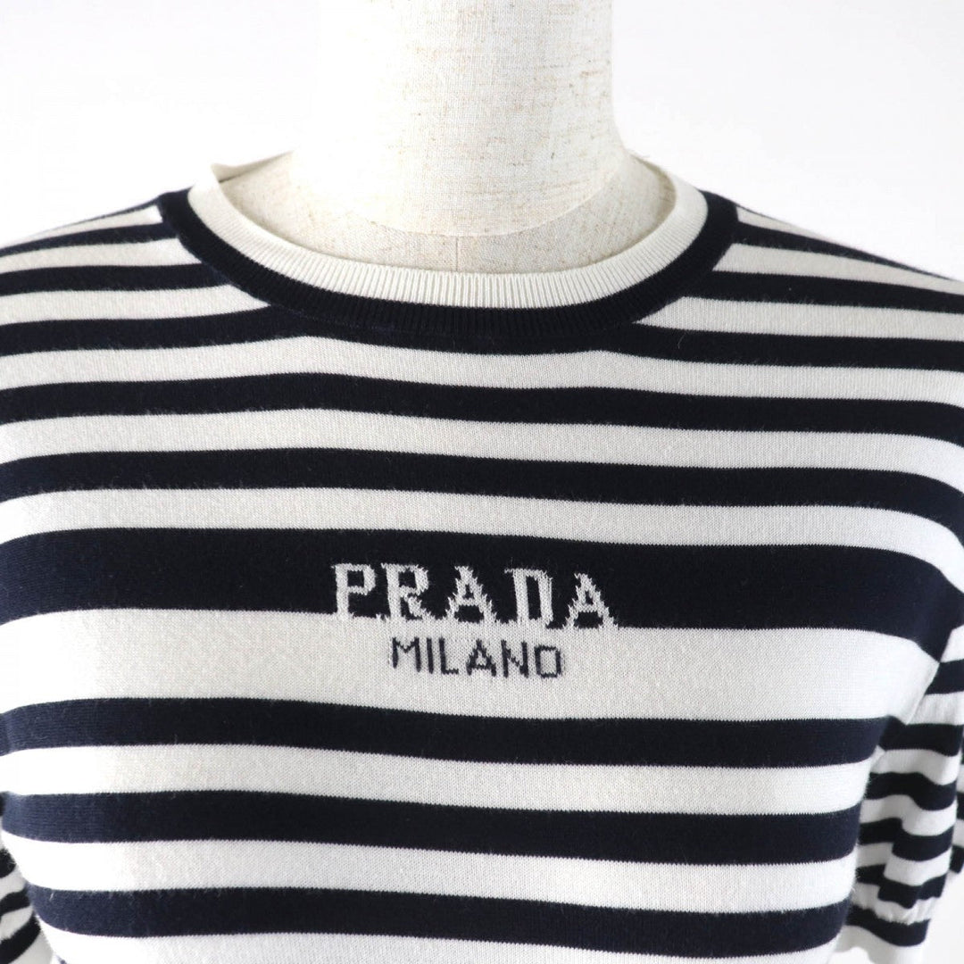 PRADA Short sleeve T-shirt P24V1D Main: 97% cotton, Main: 1% polyamide, Main: 1% elastane White Dark Navy Women 36 Used Authentic