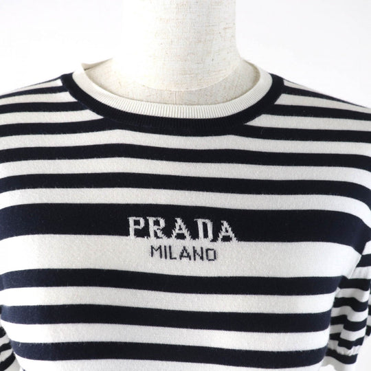 PRADA Short sleeve T-shirt P24V1D Main: 97% cotton, Main: 1% polyamide, Main: 1% elastane White Dark Navy Women 36 Used Authentic